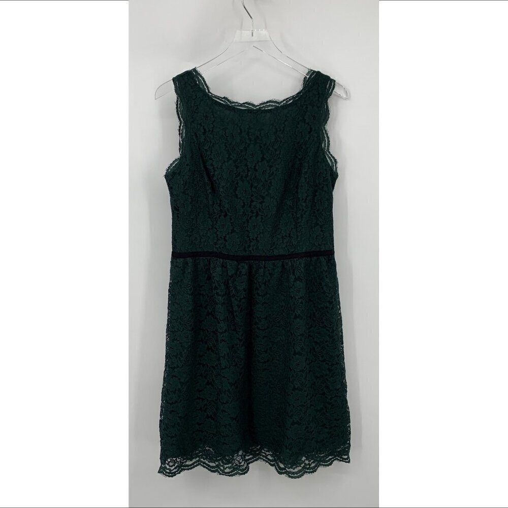 Loft sleeveless lace shift dress hunter green forest fit flare ribbon trim 12
